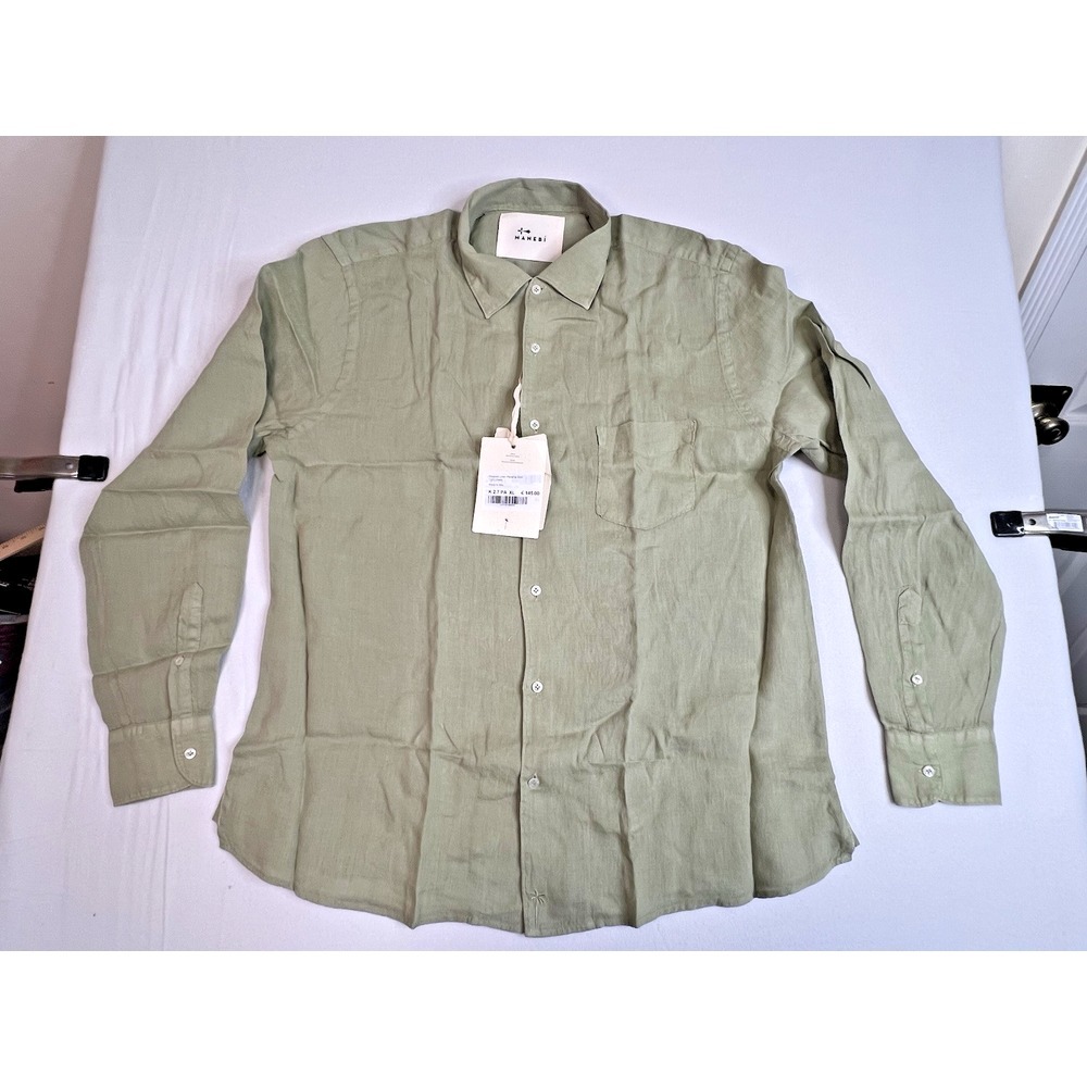 Manebi Men's Washed‎ Linen LS Button-Up Panama Shirt Sage Size XL Made In Italy